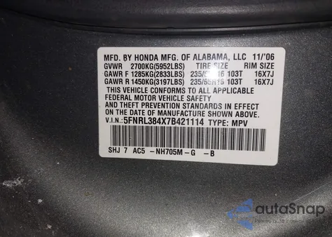 2007 Honda Odyssey Ex из США, поврежденный, VIN 5FNRL384X7B421114